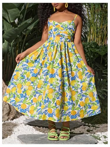 Girl's Lemon Graphic Cami Dress Spaghetti Strap Sleeveless Flowy Vacation Sundress3