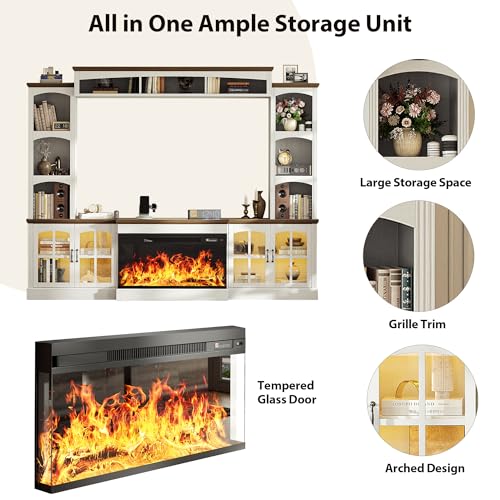 Image of MXV 98 inch Farmhouse Fireplace TV Stand, Large Wall Unit Entertainment Center with 36 inch Electric Fireplace, Media Console with Storage Cabinets and Open Shelves for Living Room, White