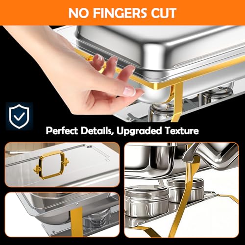 ALSO GO 4 Pack 9QT Chafing Dishes for Buffet Gold, Chafing Dishes Buffet Set with 4 Gold Serving Tongs, Stainless Steel Full Size Chafing Pans, Buffet Food Warmer Tray for Catering Events Parties - Thumbnail 3