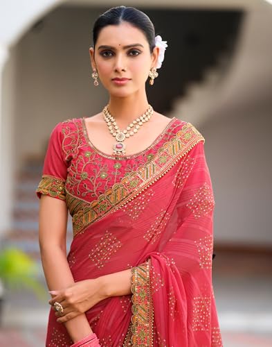 Image of SIRIL Women's Bandhani Printed Georgette Sequence Lace Scalloped Border Saree with Unstitched Blouse Piece