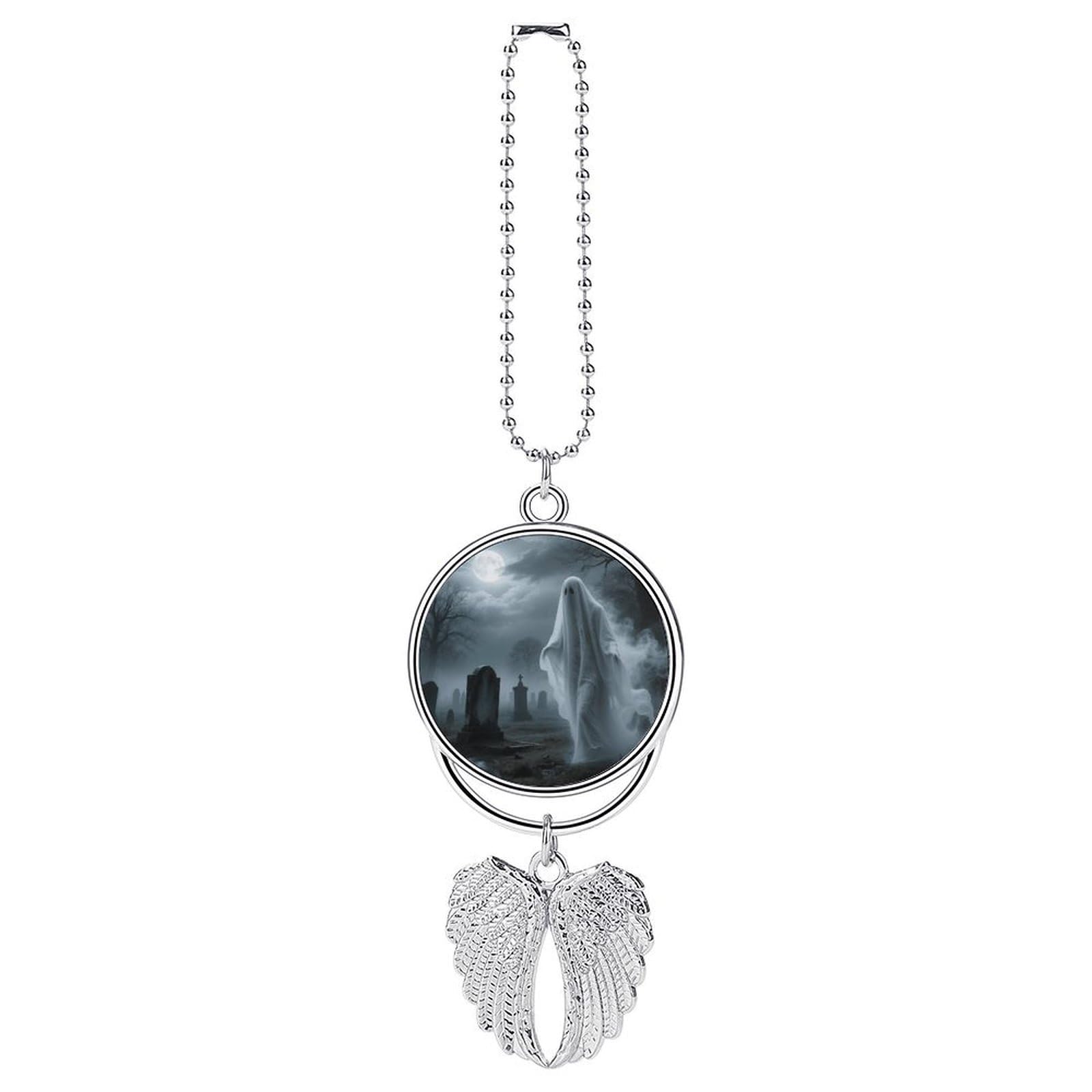 Cool Halloween Ghost Car Pendant Car Rearview Mirror Pendant Custom Photo Car Hanging Ornament Car Rear View Mirror Hanging Accessories Angel Wing Car Charm Gift for Men Women