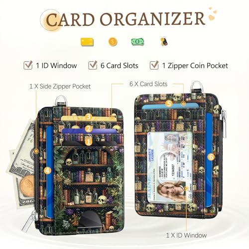 Image of Kelvoris Goth Bookshelf Credit Card Holder Small Wallet Women, Slim RFID | Keychain, Zipper Coin Pocket, Front Pocket Thin Travel Card Case, Minimalist, 6 Card Slots, 1 ID Window, Ladies Gifts Woman