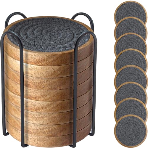 Eykao Coasters for Drinks Absorbent Sets of 8, Woven Coasters with Holder, Wood Coasters for Coffee Table, Housewarming Gift for Farmhouse Home Decor, 4 inches Gray