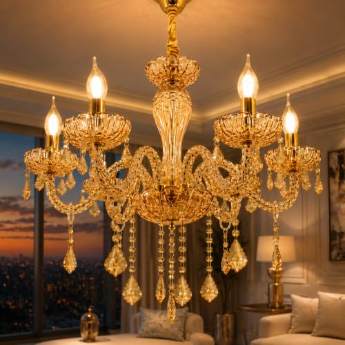 Manraj 6-Light Crystal Glass Chandelier, 60 cm Width, 70 cm Adjustable Height, Modern Italian Design Chandelier (Luster, 6 Lights)