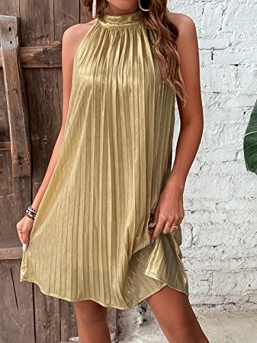 SweatyRocks Women\'s Sleeveless Tie Back Halter Dress Mini Swing Pleated A-line Skater Dress Solid Gold S