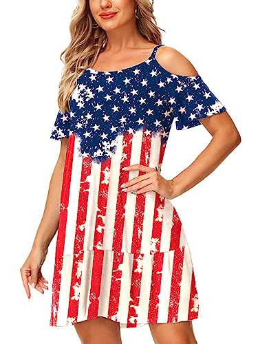 Image of Deerose Womens 4th of July Dresses Cold Shoulder American Flag Tie Dye A-Line Dress with Pockets