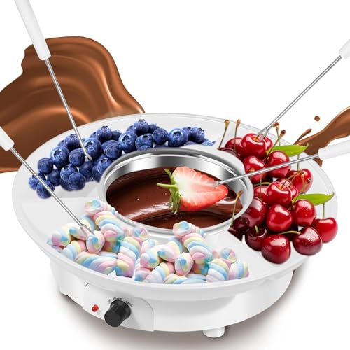 MUSONG Electric Fondue Set with 4 Forks, Melting Pot for Cheese, Chocolate and Tapas, Electric Melter for Chocolate Melts, DIY Candy Maker for Dessert, Special Occasion, Birthday Party (White)