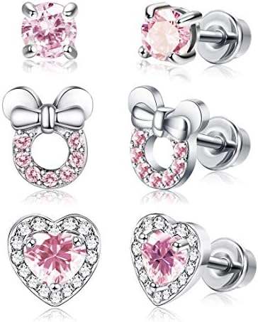 ADRAMATA 3 Pairs Girl Screwback Earrings for Women Heart CZ Stud Children Toddler Earrings Stainless Steel Set for Kids