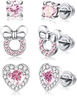 ADRAMATA 3 Pairs Girl Screwback Earrings for Women Heart CZ Stud Children Toddler Earrings Stainless Steel Set for Kids