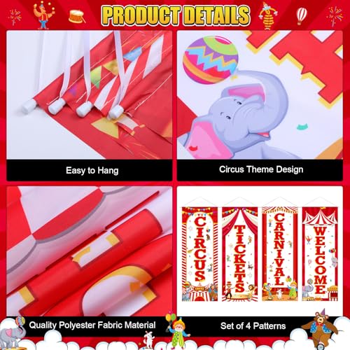 Image of Panelee 4 Pcs Carnival Circus Party Decorations Welcome Carnival Circus Tickets Porch Banner Hanging Backdrop for Halloween Birthday Baby Shower Door Wall Indoor Outdoor Decor