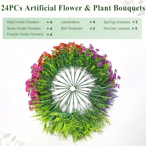 Alupssuc 24 Bundles Artificial Flowers Outdoor, Uv Resistant Eucalyptus Violets And Lavender Silk Fake Flowers And Plants, For Home Garden Porch Window Wedding Decorations, Red Rose Purple - 8