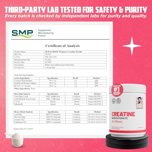Old School Labs 5000mg Creatine Monohydrate Powder, Optimized Creatine for Women +2000mg Collagen +1g BCAA 2:1:1 Supports Lean Muscles & Recovery, Energy & Stamina - Made in USA, 30 Servings