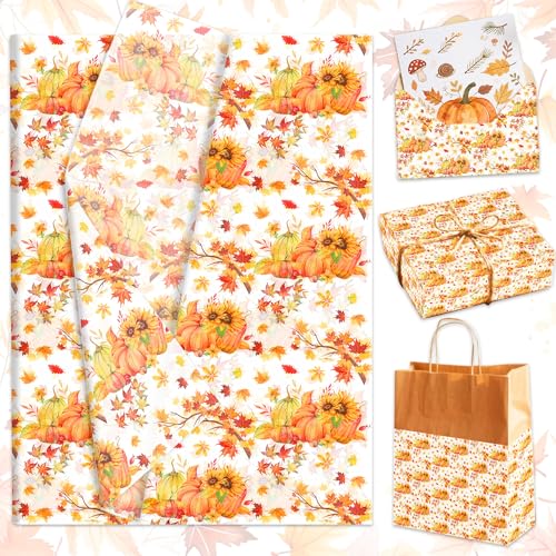 BACH AND BOOZY 50 Sheets Fall Pumpkin Tissue Paper Autumn Gift Wrapping Paper for DIY Art Craft Thanksgiving Wedding Bridal Shower Harvest Packaging 13.7 x 19.6 Inch