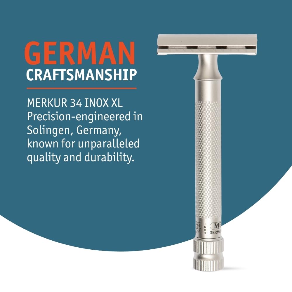 MERKUR 34 INOX XL - Rasoio di sicurezza da uomo a doppia lama in acciaio inox satinato con manico lungo e pettine chiuso, prodotto in Germania, senza plastica