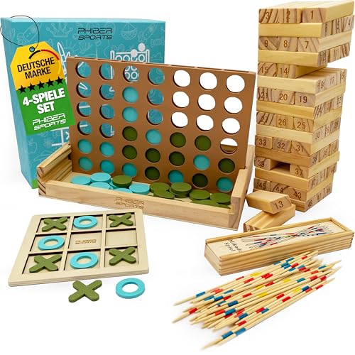PHIBER-SPORTS 4-in-1 Holz Spielesammlung: Wackelturm, Vier-in-Einer-Reihe, Tic Tac Toe & Mikado Kinder & Erwachsene - Robust, Langlebig & Plastikfrei - Holzturm 4 Spiel