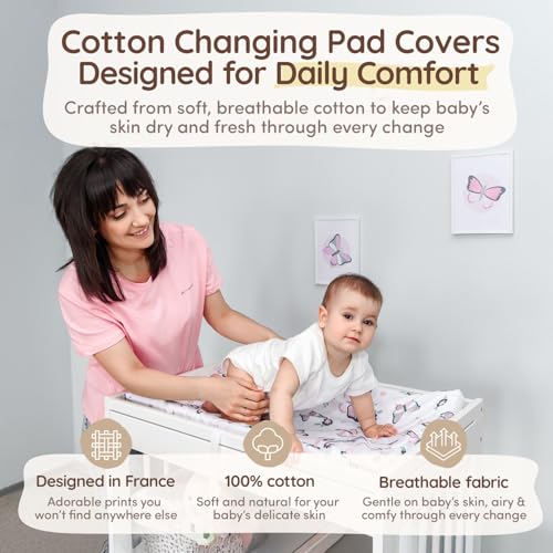 Image of Baby Diaper Changing Pad Covers Table Sheets 32 inchx16 inch, 8 inchDeep Pocket - Floral Changing Pad Cover, 100% Cotton Baby Girl Butterfly Nursery Change Pads Sheets 2 Pack, Designed in France, White-Light Pink