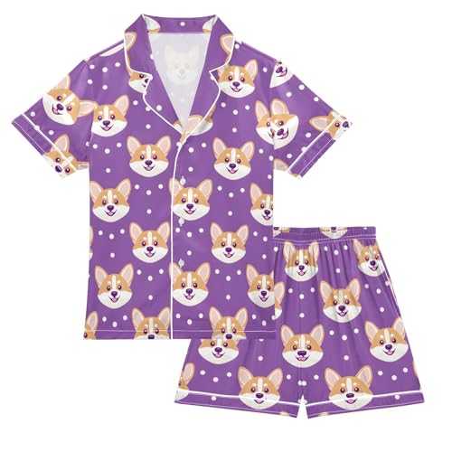 Purple Pattern Cute Dogs Summer Satin Pajama Set, Cute Button-Down Sleepwear Pj Set for Sleep Wears