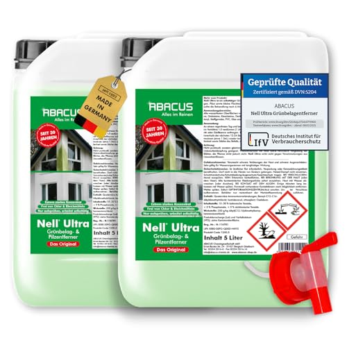 ABACUS® Nell Ultra Grünbelagentferner & Algenentferner Konzentrat, extrem stark! Entfernt Grünbelag & Algen selbsttätig ohne zu Schrubben – für Stein, Fassade, Terrasse, Dach – Nell Ultra 10 Liter