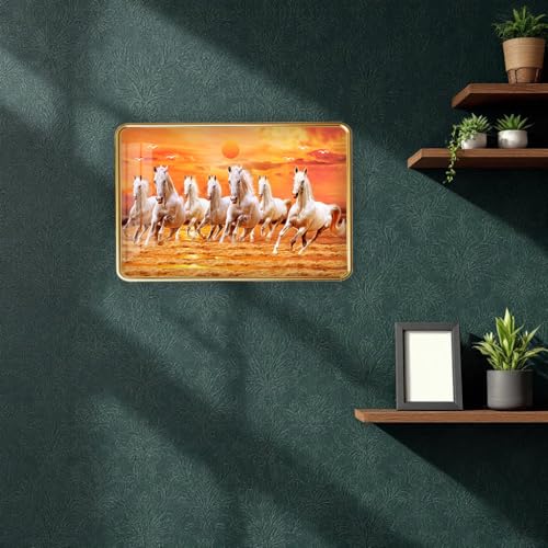 Image of 7 Running Horses Photo Frame, Ultra High Gloss Lamination, Vastu Painting for Living Room, Office, 12x18 Inch (Design 5)