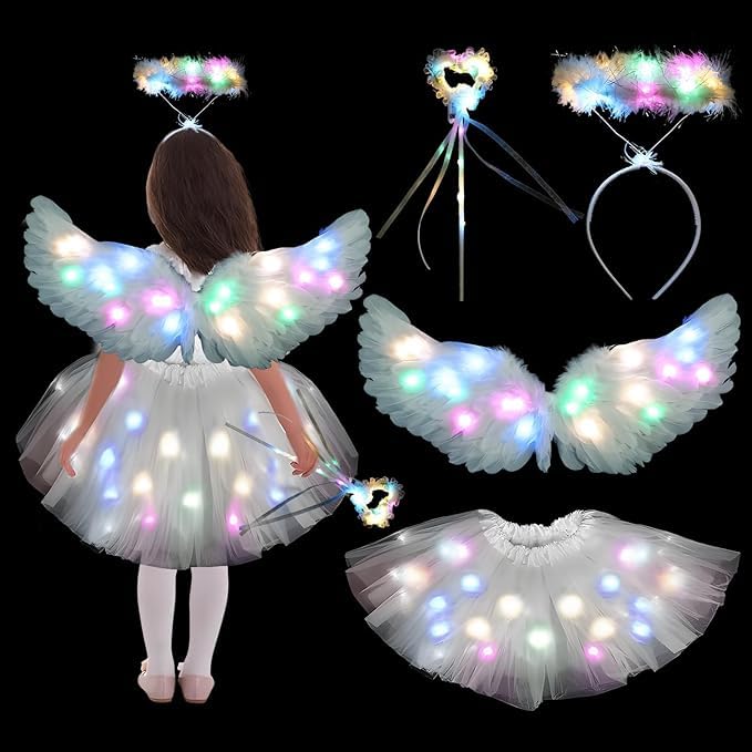 Engelsflügel Kostüm Leuchtend Engel Flügel Kostüm Kinder mit 60cm Weiß Engelsflügel Federflügel Heiligenschein Haarreif Zauberstab LED Tutu Tüllrock für Mädchen Halloween Karneval Cosplay Party