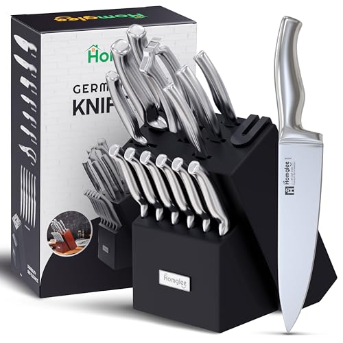 HOMGLEE Knife Set – 14 Pieces Kitchen Knife Set with Block – German Stainless Steel Knife Block Set – Pine Wood Knife Block – Built in Knife Sharpener, Dishwasher Safe, Ergonomic Handle Knives, Black