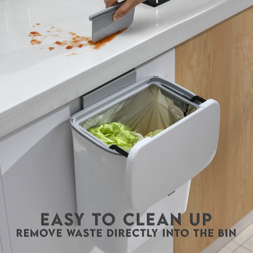 OHMG Pattumiera per compost da cucina, 9 l, piano di lavoro o sotto il lavandino, piccola pattumiera sospesa con coperchio per bagno e camera da letto, secchio per compost per interni