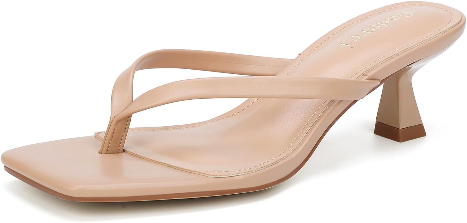 Kitten Flip Flop Thong Low Heels for Women Square Open Toe Slip On Heeled Sandals