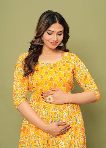 Image of Women's Feeding Kurta Cotton | Floral Anarkali Pregnancy Kurta with Nursing Zipper | Pre & Post Partum | Maternity Dresses | Mom to Be Gift