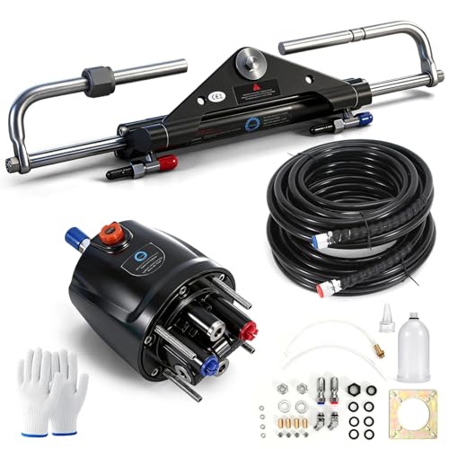 Hieearui 150HP Outboard Hydraulic Steering Kit Hydraulic steering system consists of Hydraulic Pump Hydraulic Cylinder two 26FT Nylon hoses and installation accessories Outboard Motors