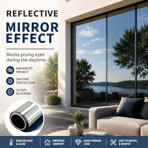 Image of WPCTEV One Way Window Privacy Film, Mirror Tint, Silver 29.5In x 13.1Ft