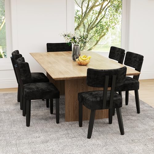 GOTMINSI Mid Century Modern Dining Chairs,Velvet Farmhouse Upholstered Kitchen Chairs, Accent Curved Backrest Dining Room Chairs with Hardwood Legs (Black, 6PCS)