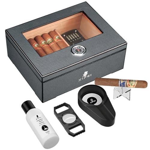 XIFEI Cigar Humidor, Spanish Cedar Wood Desktop Cigar Box Storage 25-60 Cigars, Glass Top Carbon Fiber Texture Humidors with Hygrometer, Humidifier, Humidor Solution, Cigar Accessories Gifts for Men