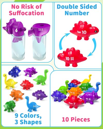 Image of BeFunky Counting Matching Game with Sorting Bowls, Color and Sensory Montessori Educational Learning Toys Set Gift for Toddlers Preschool Age 3+ Years Old (Dinosaur Numbers (Bag))