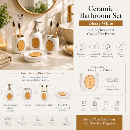 Image of Market99 Ceramic Bathroom Set Glossy White with Sophisticated Classic Text Pattern, Includes Soap Dispenser, Tumbler, Toothbrush Holder, and Soap Dish for Coordinated Bathroom Style, 400 ML Capacity