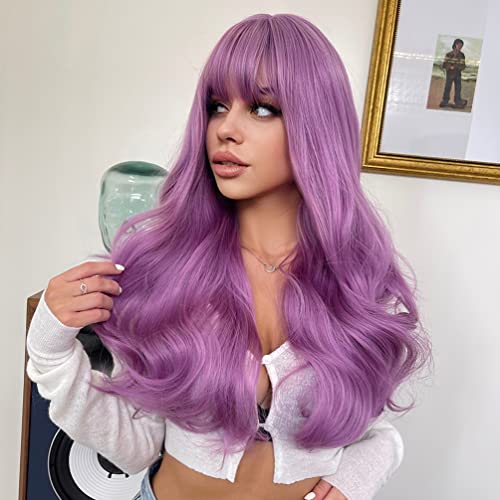 Beron 26 Inches Purple Wig Long Wavy Wig With Bangs Synthetic Wig Long Wig Lavender Purple Wigs For Cosplay Costume Party With Wig Cap #TOP4