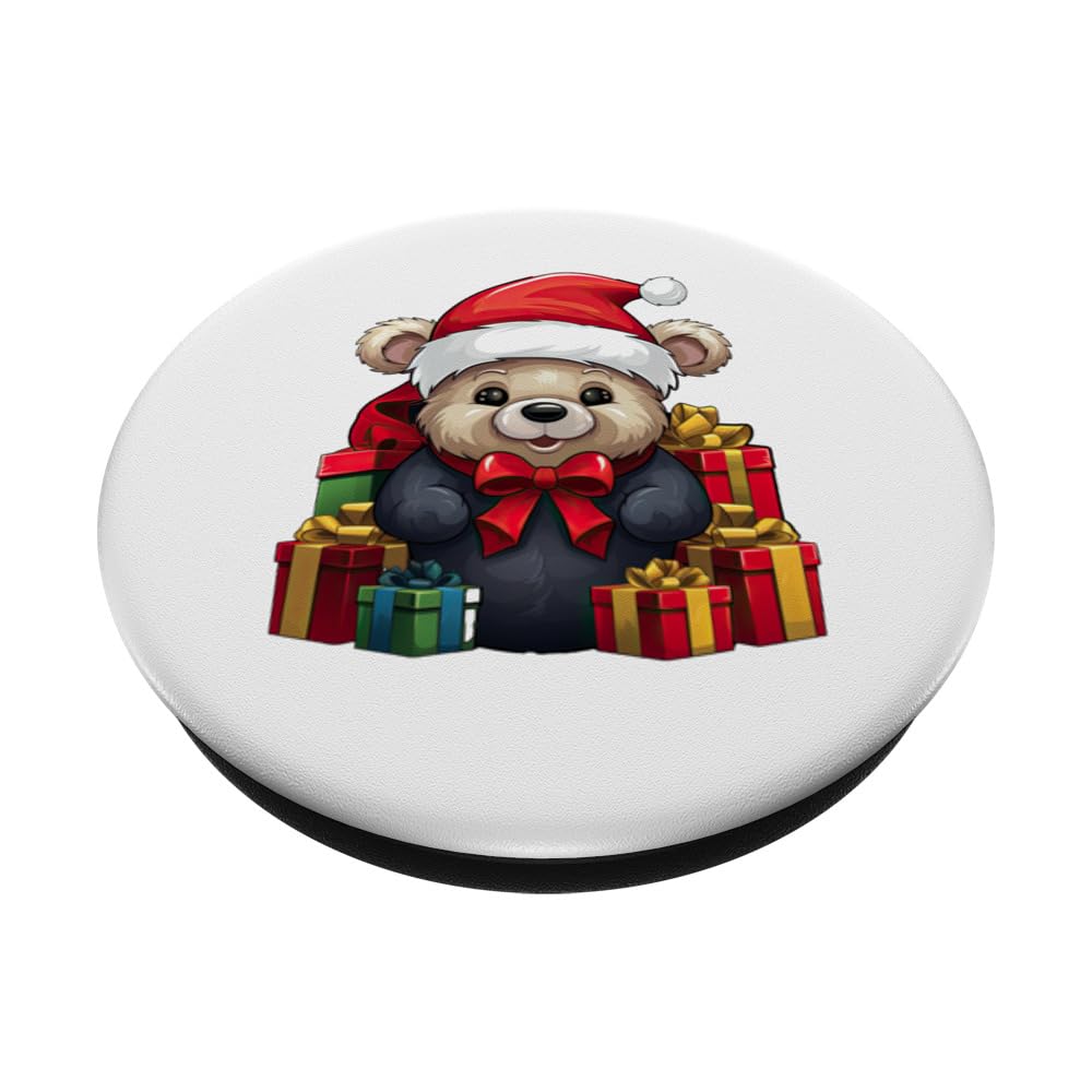 Teddy Bear Santa Claus Hat Christmas Pajama Xmas Party Kids PopSockets Swappable PopGrip, Black - Image 2