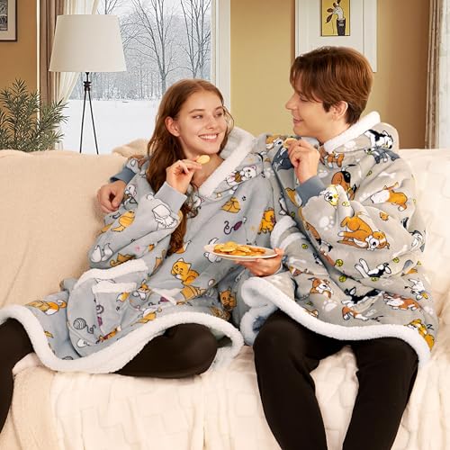 Image of Giggling Getup Wearable Blanket Hoodie for Adults Gifts for Teen Girls Sister Women Sherpa Fleece Printed Hooded Blanket Sweatshirt Warm Cozy with Pocket & Sleeves Grey Cat