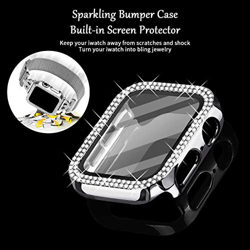 JOYOZY Magnetic Band Compatible with Apple Watch Band 38mm 40mm 41mm 42mm 44mm 45mm 46mm Milanese Strap with Bling Glitter Case Built-in Screen Protector Dressy Stainless Steel iWatch Loop for Women
