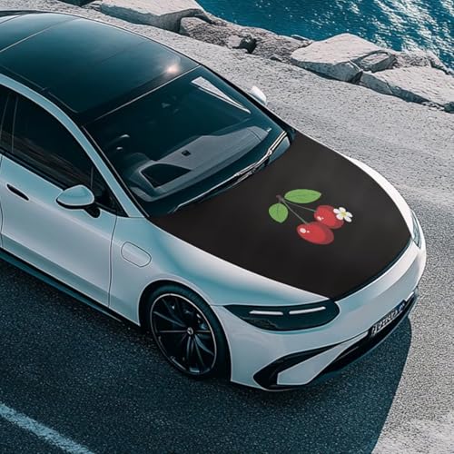 Image of Red Cherries Car Hood Cover Elastic Polyester Car Hood Cover Waterproof Automotive Accessories Easy Installation for Car Hood Decoration and Protection