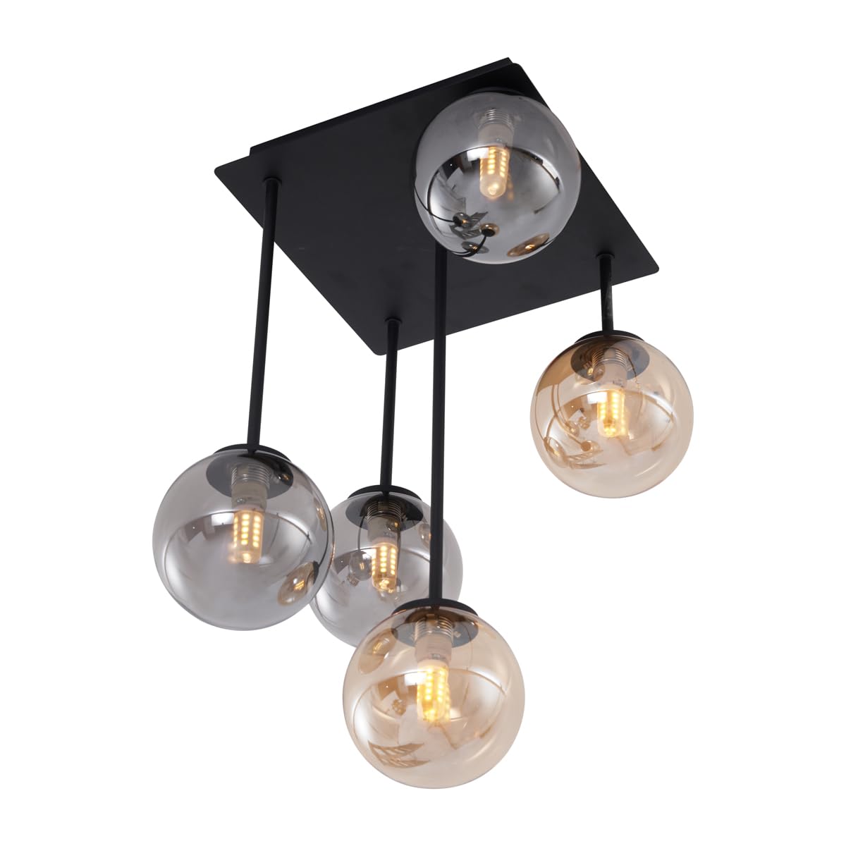 QAZQA - Moderne Deckenleuchte I Deckenlampe I Lampe I Leuchte Schwarz mit Bernstein- und Rauchglas 5-flammig - Athen I Wohnzimmer I Schlafzimmer - Metall Quadratisch I Kugel I Kugelförmig - LED geeign