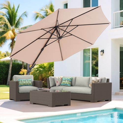 11 FT Patio Umbrella, Outdoor Cantilever Umbrella with 0 to 60° Swivel Tilting Canopy, Round Large Offset Patio Umbrella with 7-Position Adjustment and 360-degree Rotation for Garden Pool Deck, Beige