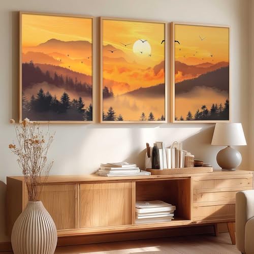 Image of kotart Big Aesthetic Sunset View Wall Art Paintings | Mountains Landscape Framed Painting | Vastu Frames for Living Room Bedroom Wall Decor Set Of 3 (13X17 inch)
