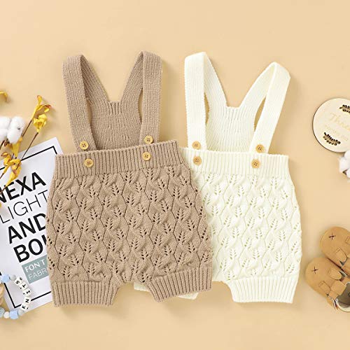 Doublebabyjoy Baby Boy Girl Suspender Shorts Twist Knit Overall Elastic Waist Bib Pants Solid Straps Sleeveless Jumpsuit Romper (Khaki, 6-12 Months) #TOP1