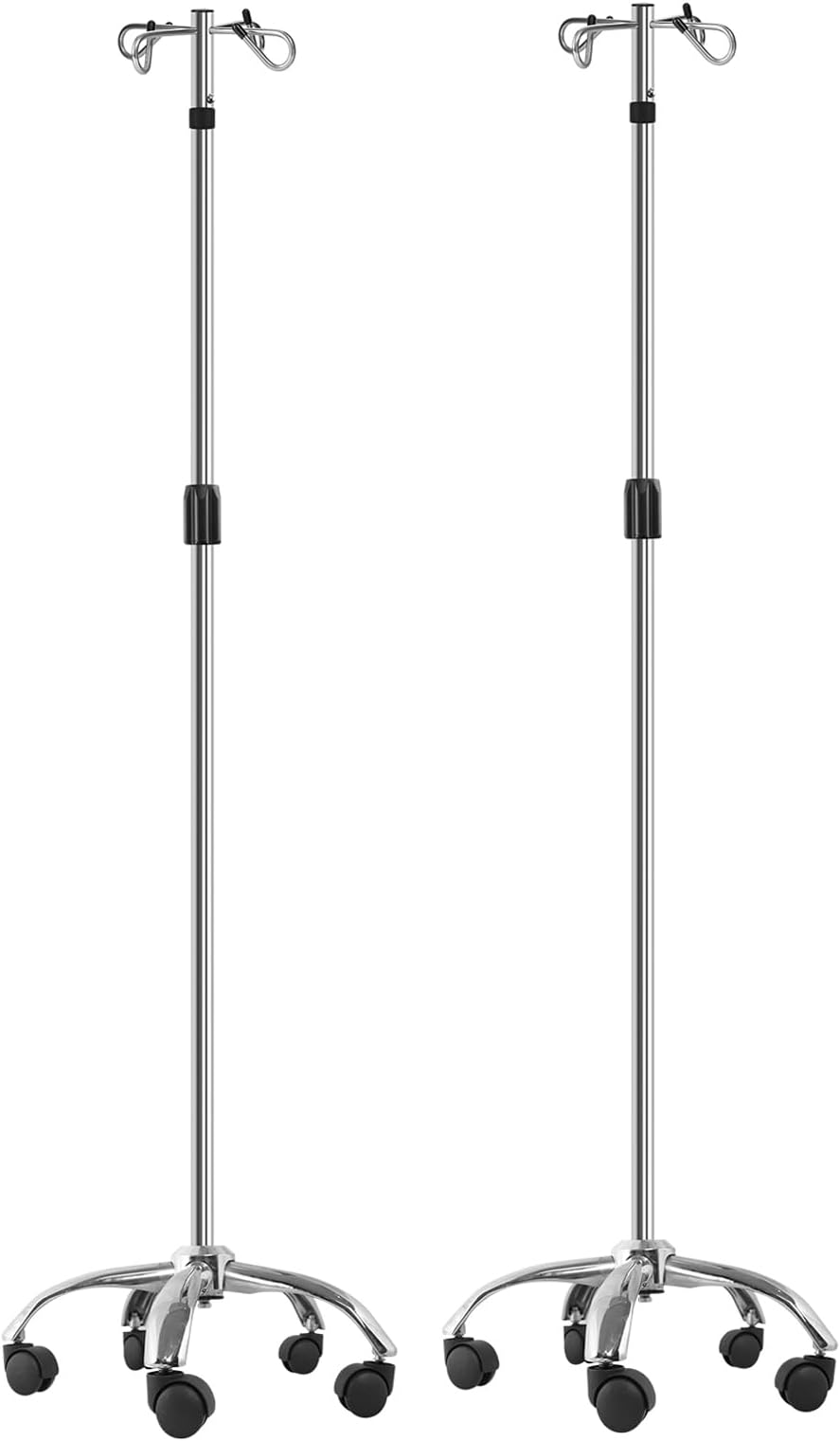 IV Poles with Wheels IV Stands 2 Hooks 5 Legs Rolling Base with Heavy Duty Stainless Steel, Adjustable Height,2PCS/2Pack
