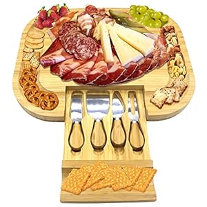 Bamboo Cheese Board and Knife Set, Charcuterie Board Serving Tray for Wine, Stainless Steel Knife & Thick Wooden Server…