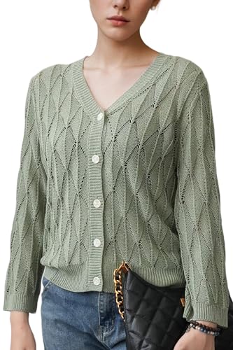 Image of Women's 2025 Crochet Sweater Cardigan 3 /4 Sleeve Lightweight Summer Knit Sweater | Open Front Boho Shrug Top | Beach Cover-Up & Office Wear | Machine Washable 21-Green-L