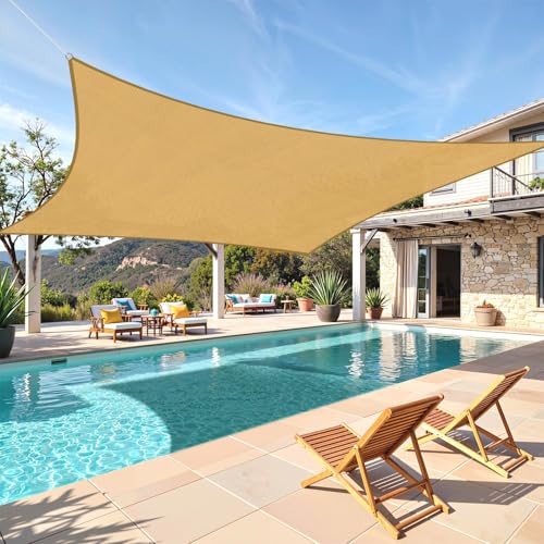 TasticTotes Rectangle Sun Shade Sail - 12 x 16 95% UV Blockage HDPE Sunshades for Outdoor Patio Yard Deck Garden Lawn Permeable Awnings for Patio Shade with Reinforced Corners & Ropes (Sand)