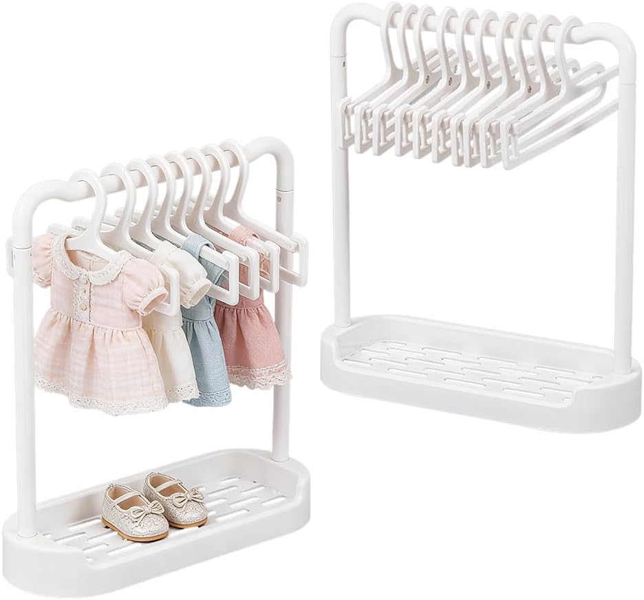 UNICRAFTALE 2 Sets 17cm Miniature Plastic Clothes Hangers Small White Closet Storage Rack Mini Shoes and Clothing Display Rack for Closet Accessories Pretending Prop Decorations