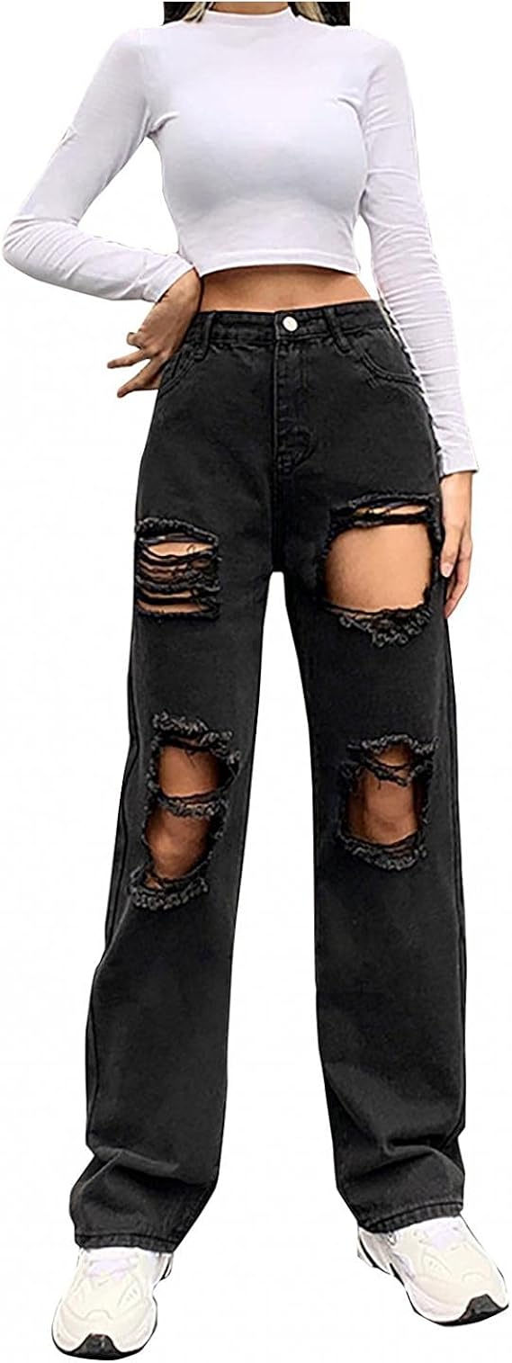 Amazon Riguna レディース ハイウエスト ワイドパンツ 蝶プリント ストレート パンツパンツ ジーンズ ストレート 大きいサイズ パンツ レディース 秋冬 ワンピース きれいめ 上品 冬 ストレートパンツ レディース 秋冬 パンツ 美尻 細身 ジーンズ 通販