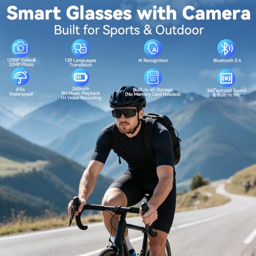 Osawalla AI Smart Glasses with Camera, HD Stabilized Video Recording Glasses, Waterproof Bluetooth Sunglasses with Ai Assistant, Touch Control, UV Protection for Cycling Skiing Outdoor Sports, Grey — view 2
